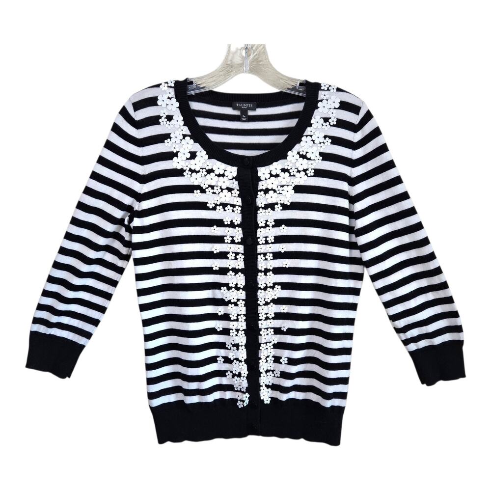 TALBOTS Petite S SP Cardigan Sweater Black White Sequin Flowers 3/4 Sleeve 34"
